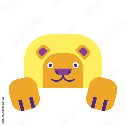 Cute flat vector illustration of a smiling lion character in bright colors, simple shapes, cartoon animal for kids design and nursery graphics.