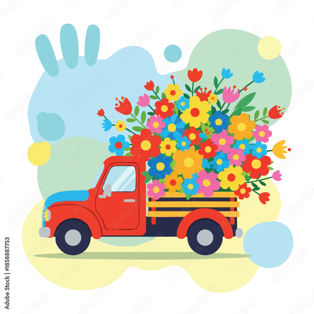 Fototapeta premium Red pickup truck carrying colorful bouquet of wildflowers in spring landscape vector illustration 