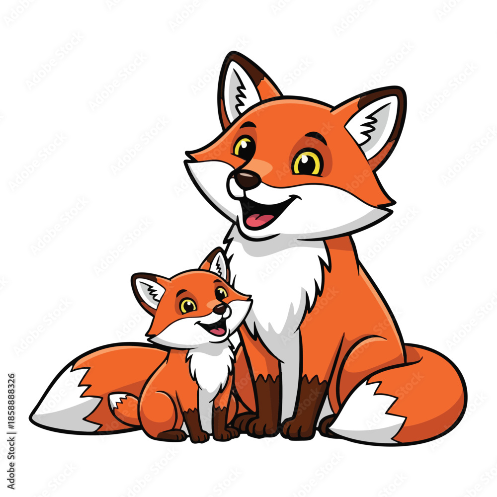 Fototapeta premium Fox mother and baby sitting together in happy cartoon style with orange and white fur natural family animal illustration