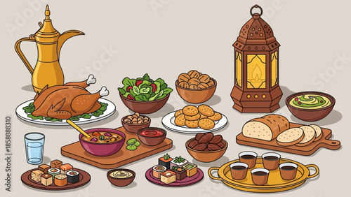 Iftar, ramadan banner with food and drinks eating isolated set, flat cartoon. Vector ftoor muslims evening meal at sunset. Eid mubarak, Ramazan Kareem meal, bread, fruits and vegetables, holy lamp