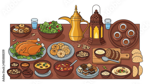 Iftar, ramadan banner with food and drinks eating isolated set, flat cartoon. Vector ftoor muslims evening meal at sunset. Eid mubarak, Ramazan Kareem meal, bread, fruits and vegetables, holy lamp