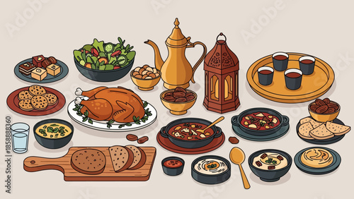 Iftar, ramadan banner with food and drinks eating isolated set, flat cartoon. Vector ftoor muslims evening meal at sunset. Eid mubarak, Ramazan Kareem meal, bread, fruits and vegetables, holy lamp