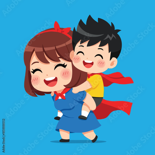 Mother carrying son on back playful moment happy child and parent bonding vector illustration 