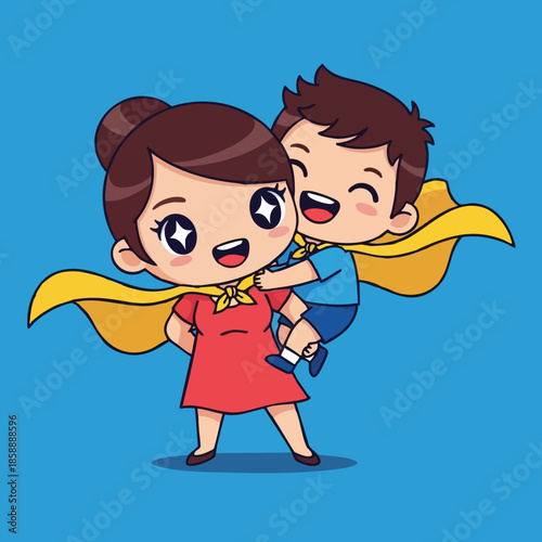 Mother and son wearing capes playing happily together in cute cartoon style family bonding illustration 