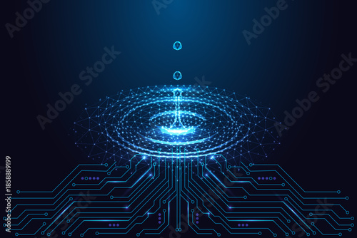 Digital Water Ripple and Droplet over Circuit Board. Futuristic Fluid Technology Vector Illustration