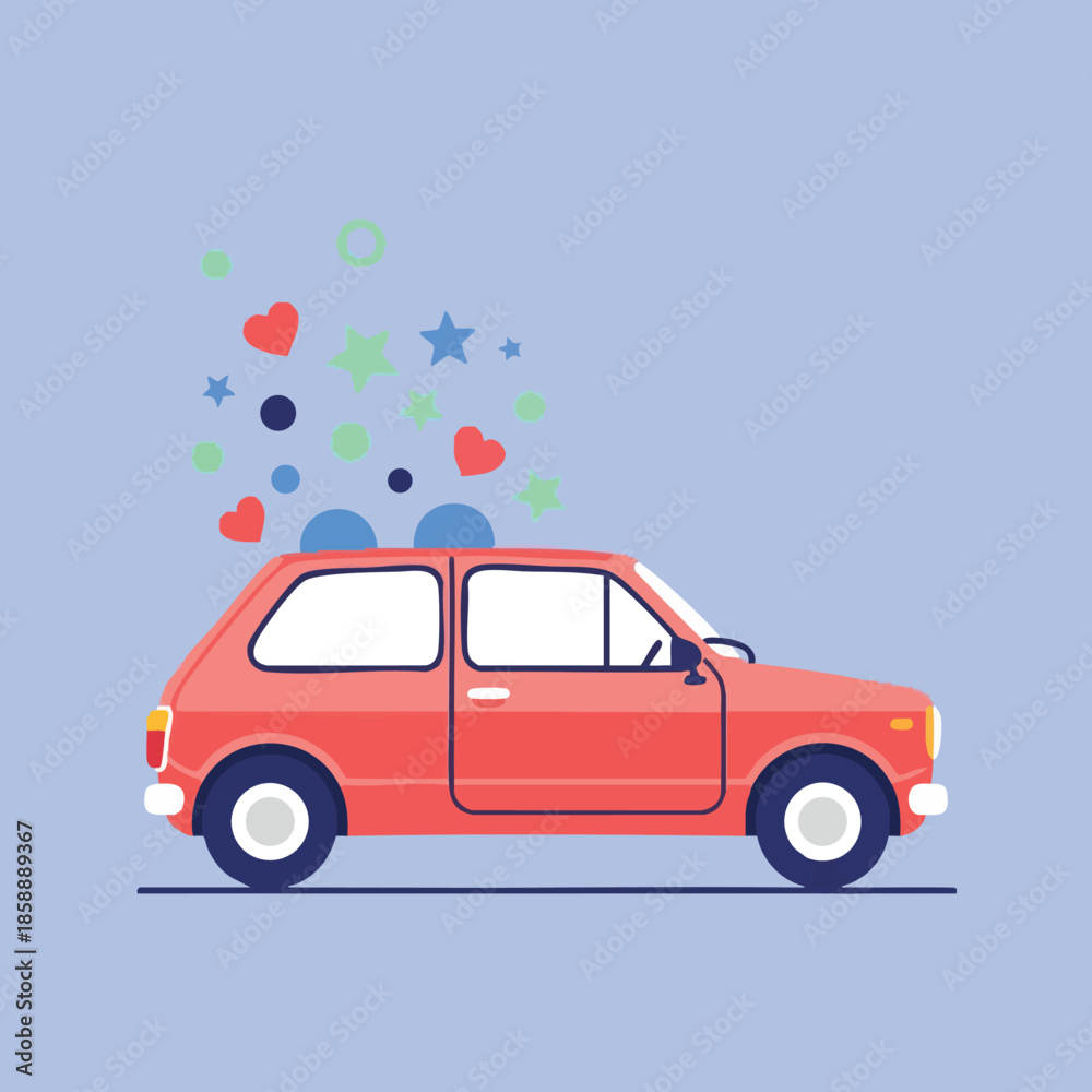 Fototapeta Red compact car with colorful hearts and stars floating above on blue background vector illustration 
