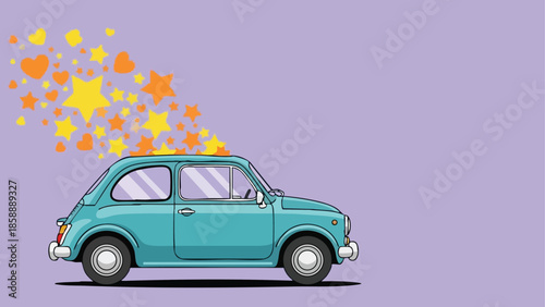 Vintage small turquoise car with colorful heart and star shapes flying from exhaust vector illustration 
