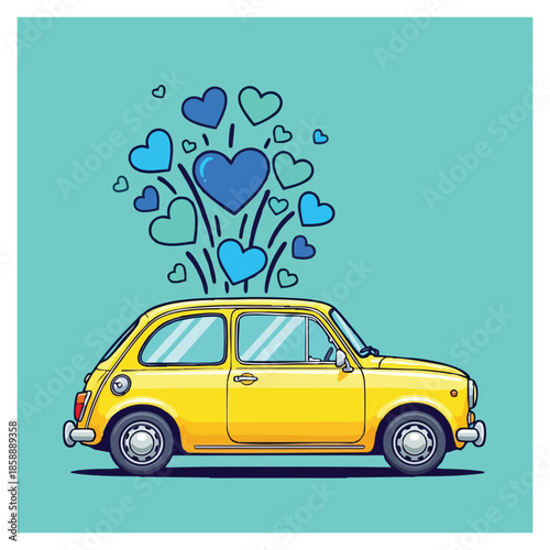 Yellow vintage car with floating blue hearts on turquoise background vector illustration romantic design 