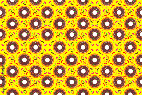 Donut seamless pattern. Donuts pattern on yellow background. Sweet donut pattern with colorful sprinkles. Seamless pattern with glazed donuts.