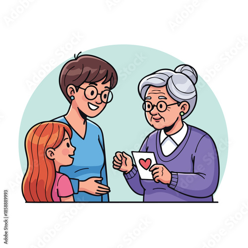 Family generations sharing love and connection with grandmother showing heart card to mother and daughter vector illustration 