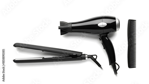 Professional black hair dryer, straightener, and comb set on a white background