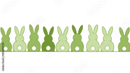 A row of green Easter bunny silhouettes with white tails facing forward.