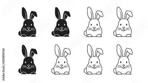 A collection of eight cartoon-style rabbits, four black and four white, presented in two rows against a white background.