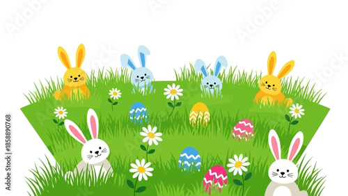 A delightful illustration of Easter bunnies and colorful decorated eggs scattered across a vibrant green grassy field with small white daisies.