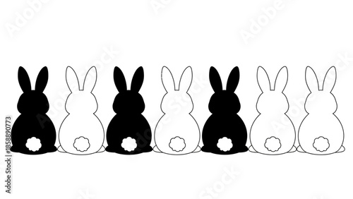 A row of black and white bunny silhouettes facing away from the viewer.