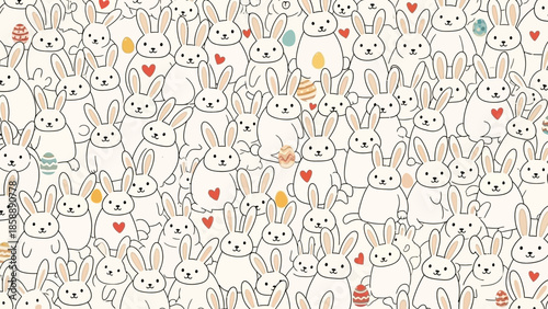 A delightful illustration of numerous adorable cartoon bunnies with subtle Easter egg and heart motifs scattered throughout.