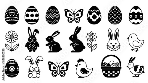 A collection of black and white Easter-themed icons including decorated eggs, bunnies, butterflies, chicks, flowers, and a basket of eggs.