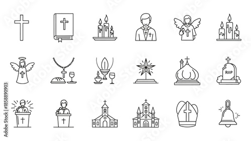 Collection of religious icons and symbols representing various aspects of faith and worship.