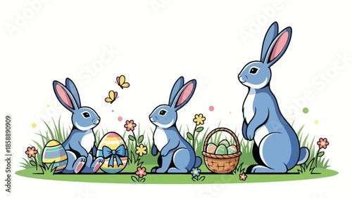 A charming Easter scene featuring four adorable blue bunnies, decorated Easter eggs, and a basket of eggs, set amidst a grassy field with small flowers and butterflies.
