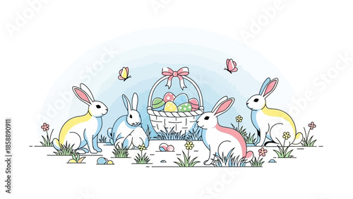 A charming illustration of Easter bunnies gathered around a basket of colorful eggs, with butterflies fluttering in the background.