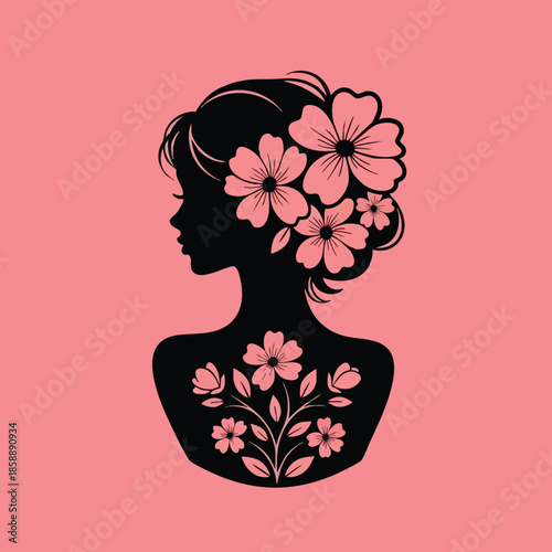 Female silhouette with floral hair and chest design on pink background vector illustration for lifestyle and beauty concepts 
