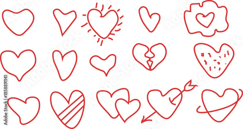 Collection of hand drawn hearts with various designs