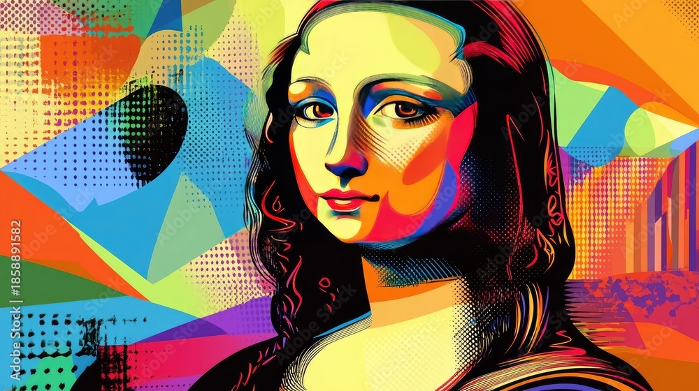 Naklejka premium Stylized digital reinterpretation of Mona Lisa using bold neon colors, abstract backgrounds, and high-contrast outlines. Generative by AI