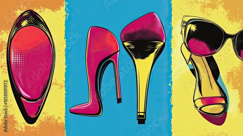 High-heeled shoes, lipstick, and sunglasses presented in a symmetrical triptych layout with red, yellow, and teal backgrounds in bold pop art style. Generative by AI