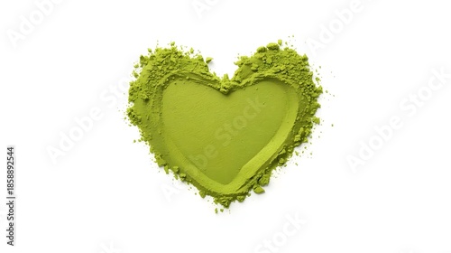 Heart cutout in green matcha powder symbolizing love and eco-friendly lifestyle.