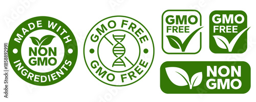 GMO free icon set. Non GMO label. No added or artificial chemicals logo, label, badge, sticker, symbol, emblem, stamp, line, vector, isolated illustration. GMO free label for product packaging design.