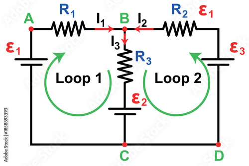 Electrical Circuit Diagram With Resistors, Batteries, and Two Loops for Loop Currents
