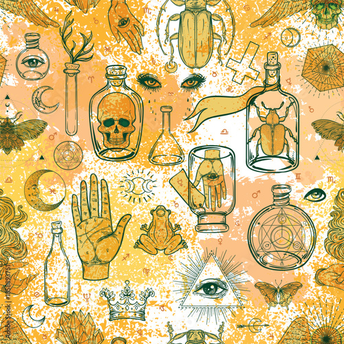 Mystic seamless pattern inspired by medieval manuscripts, featuring esoteric,...