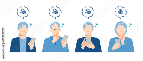 シニア世代の男女4人がスマホを持って困っている様子。ベクターイラスト。フラットデザイン。