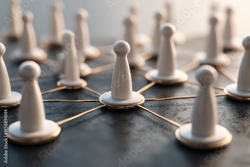Network Concept with White Pawn Figures on Dark Connected Surface Under Warm Light Communication Connection Teamwork and Strategy Concept