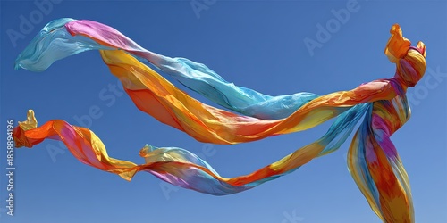 Pastel Color Ribbons Flowing in Blue Sky Sunny Weather Featuring Turquoise Pink Orange Fabric In Motion For Celebration Events Festive Outdoor Decorative Themes