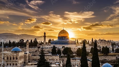 The Dome of the Rock and Old City of Jerusalem at sunset