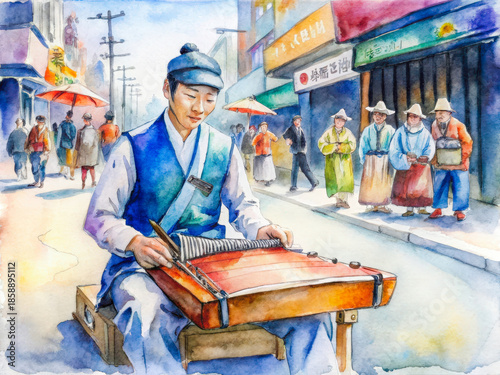 Korean Street Musician ? A Watercolor Portrait
