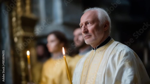 Orthodox church service scene with a high-ranking priest in ornate white and gold vestments holding liturgical candles and censers, surrounded by deacons in golden robes, rich baro