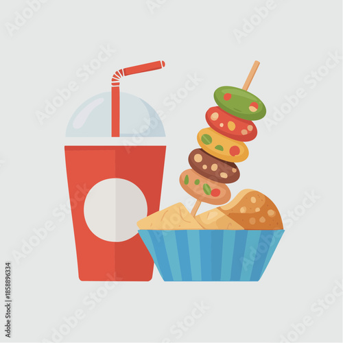 Festival street food icon set, drink cup, skewer, snack box, flat rounded icons