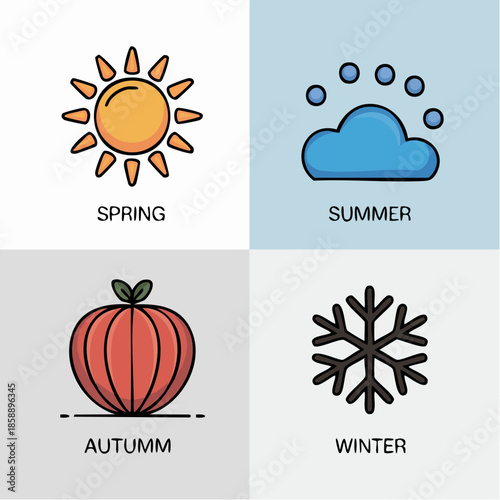 Four seasons vector icon bundle, spring summer autumn winter symbols, uniform outline strok
