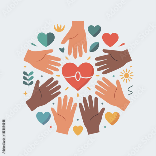 Gratitude concept vector icons, hands, heart, light, abstract minimal style