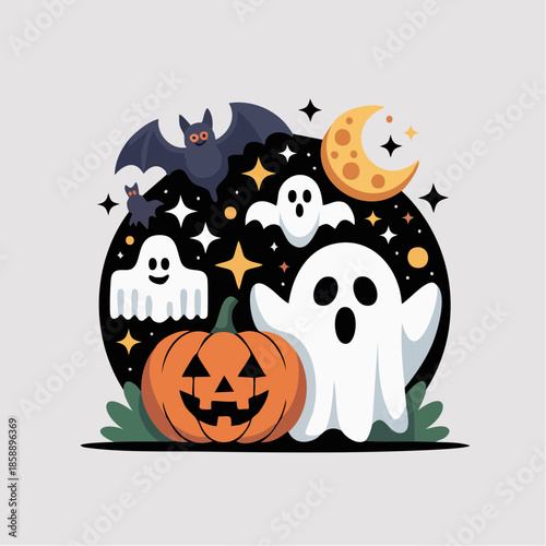Halloween vector icon bundle, pumpkin, ghost, bat, moon, playful flat icons