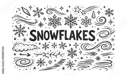Hand-drawn snowflakes and winter weather elements in a doodle art style