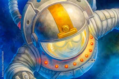 a painting of a space suit with a yellow light on it