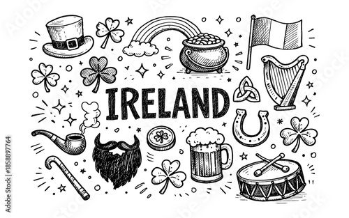 Doodle illustration of Ireland symbols and St. Patrick's Day elements