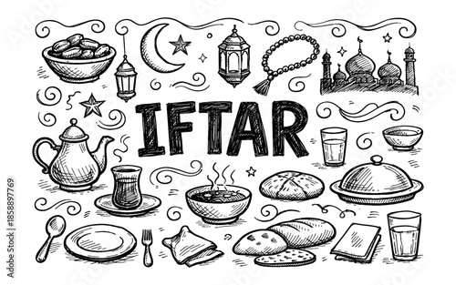Hand-drawn Iftar meal elements with mosque and crescent moon illustration