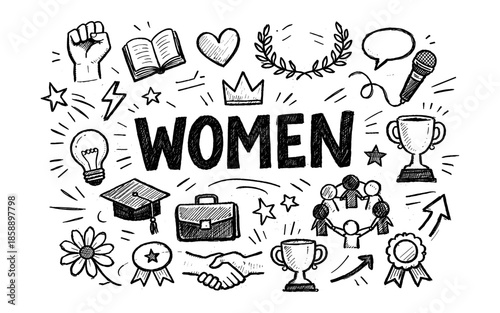 Celebrating women's achievements and empowerment with diverse symbols and icons