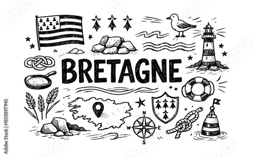 Doodle illustration of Bretagne symbols and landmarks in a collage style
