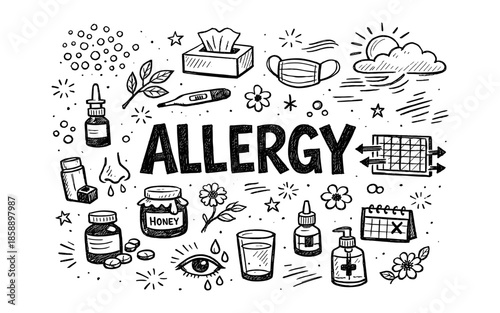 Hand-drawn illustration of allergy symptoms and remedies with the word allergy