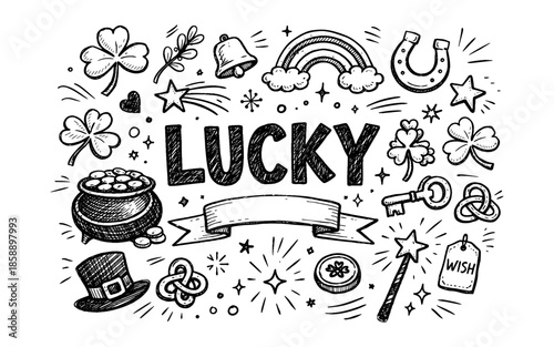 Hand-drawn lucky symbols and the word lucky in a doodle art style